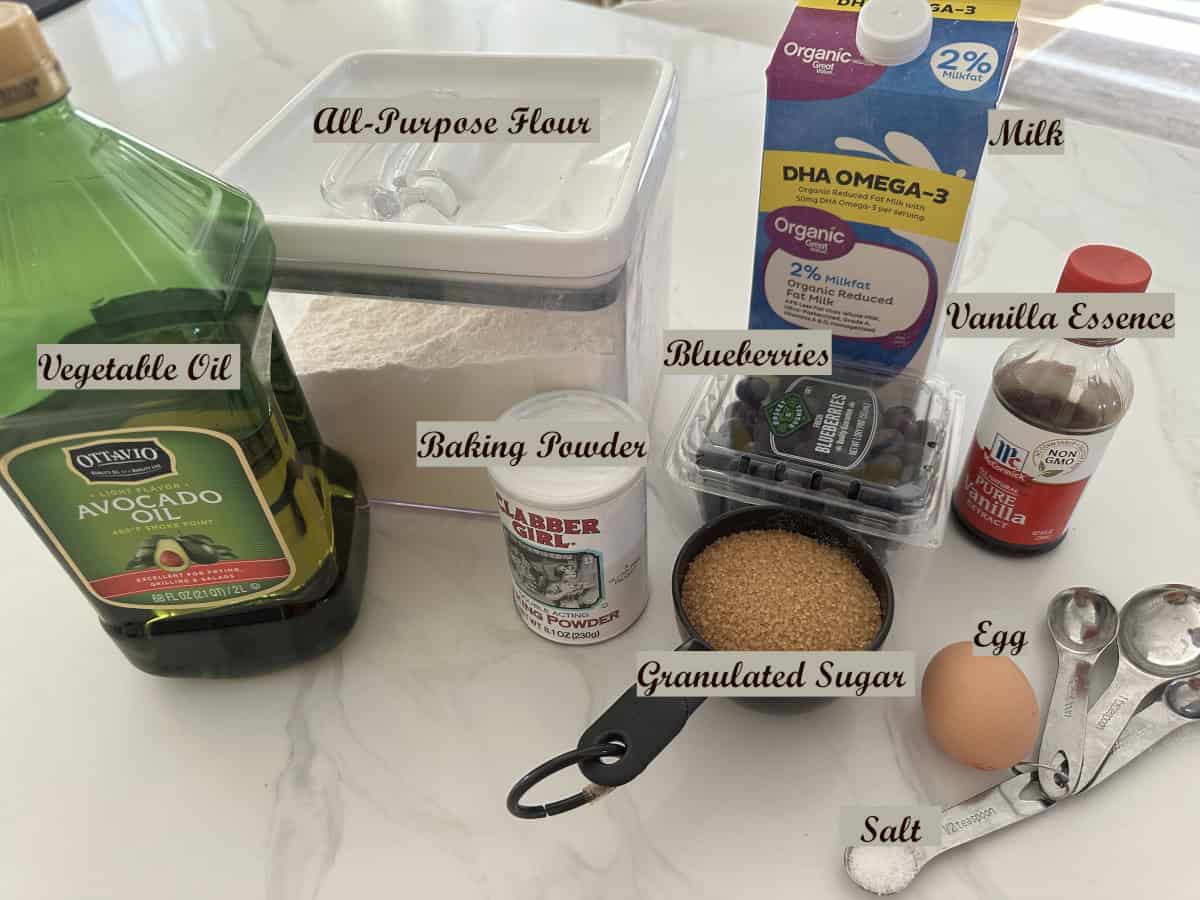 Ingredients to make Blueberry muffins.