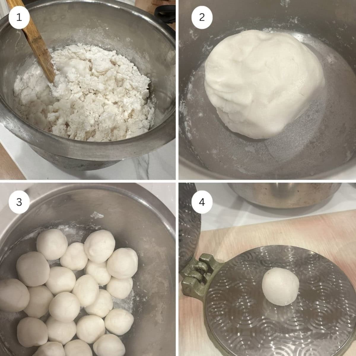 Steps to make vazha ela ada shown dough making process uisng rice flour.