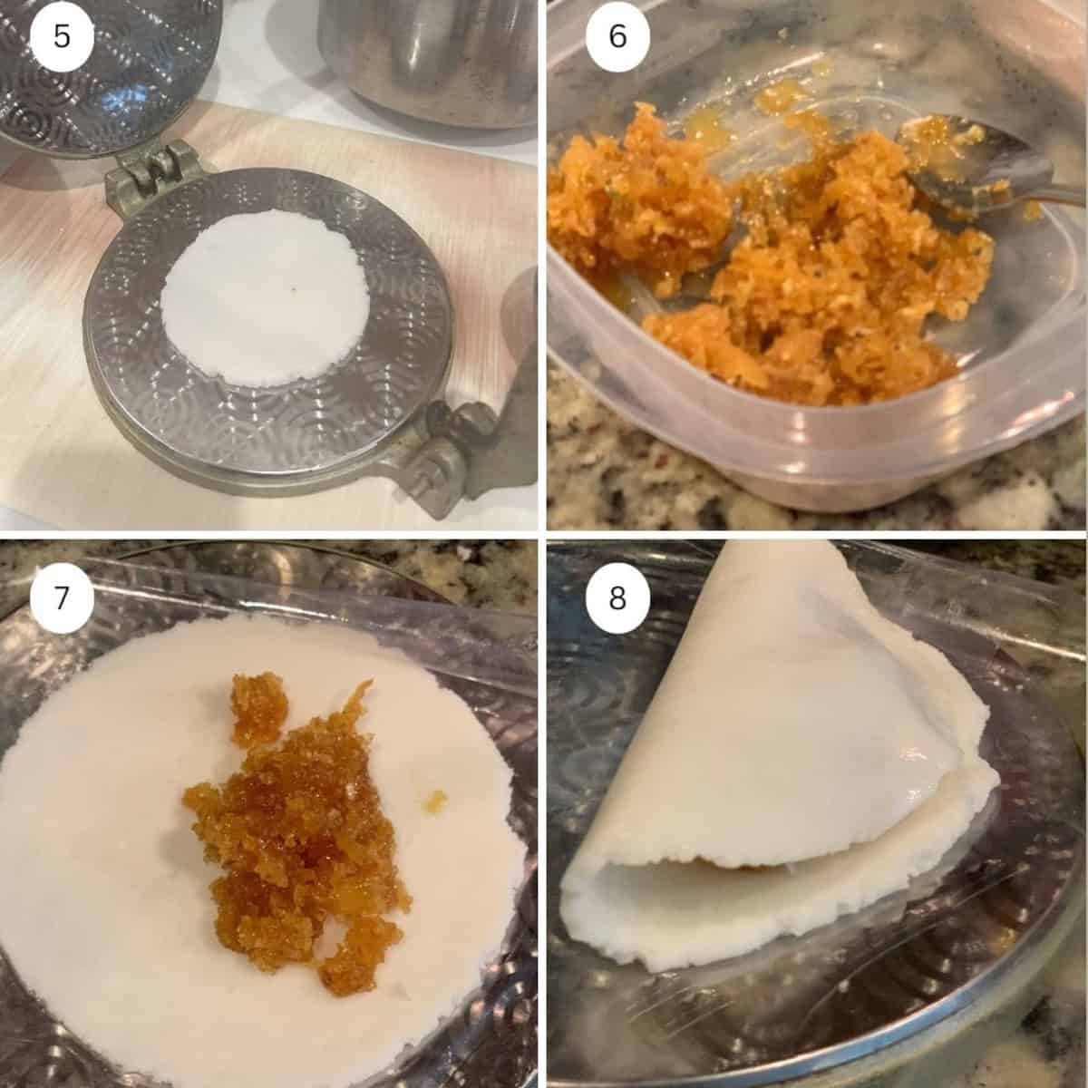 Steps to make vazha ela ada shown flattening the dough and adding the filling.