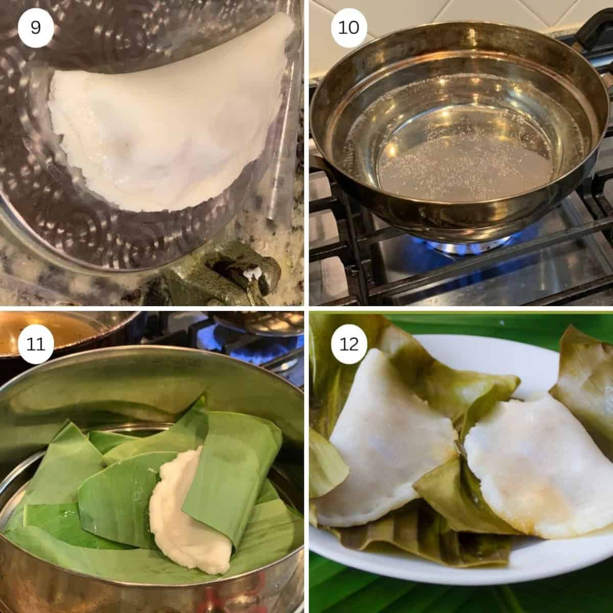Steps to make vazha ela ada shown steaming the ada.