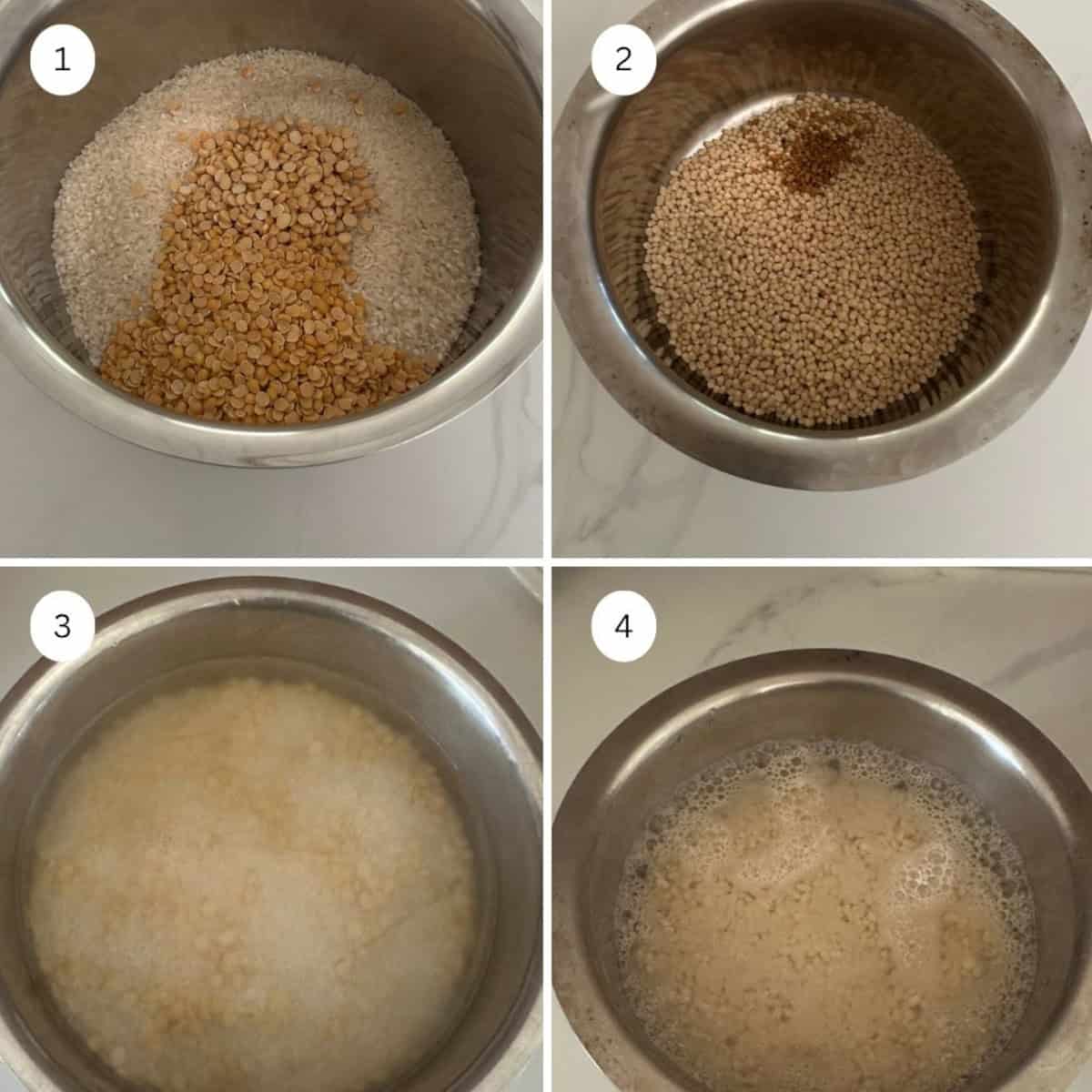 Four images showing how to make dosa batter in a bowl.