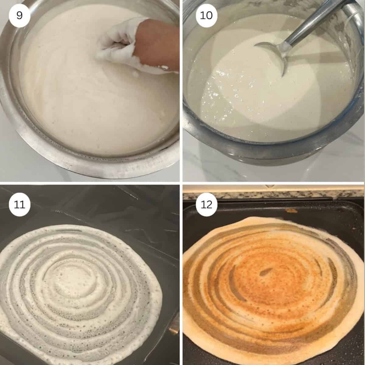 Four photos showing how to make a dosa for aloo masala dosa.