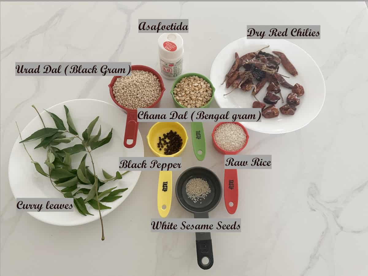 Ingredients to make chutney powder using chutney powder recipe.