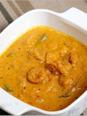 Kerala Prawn Curry in a white serving dish.