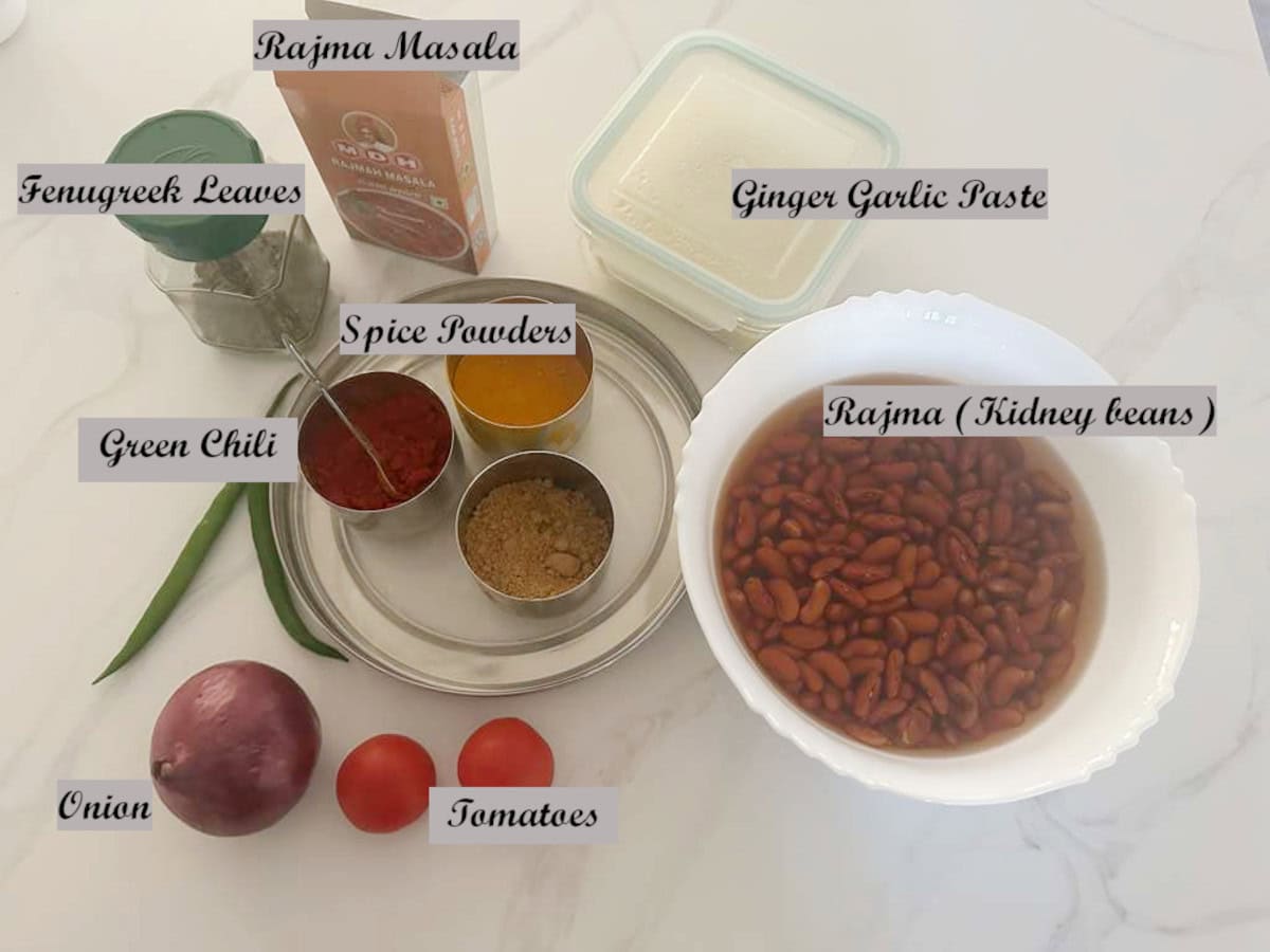 Rajma Gravy ingredients on a white counter top.