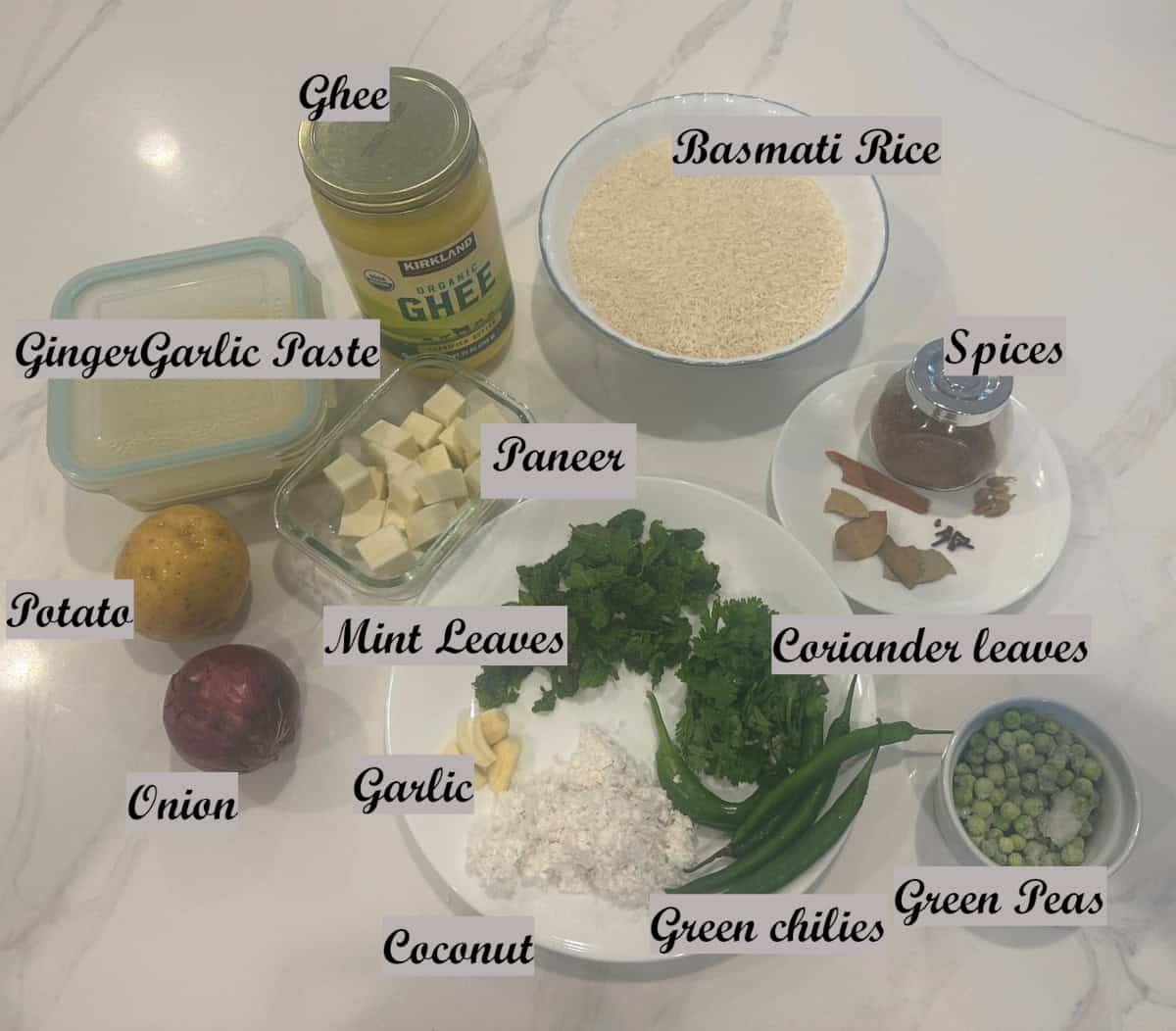 Ingredients used in making Mint Pulav displayed on a white counter.