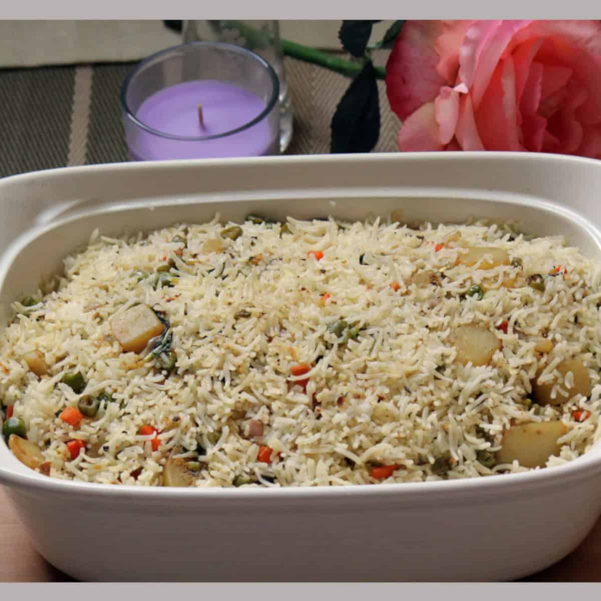 vegetable biryani easy recipe in a white casserole.