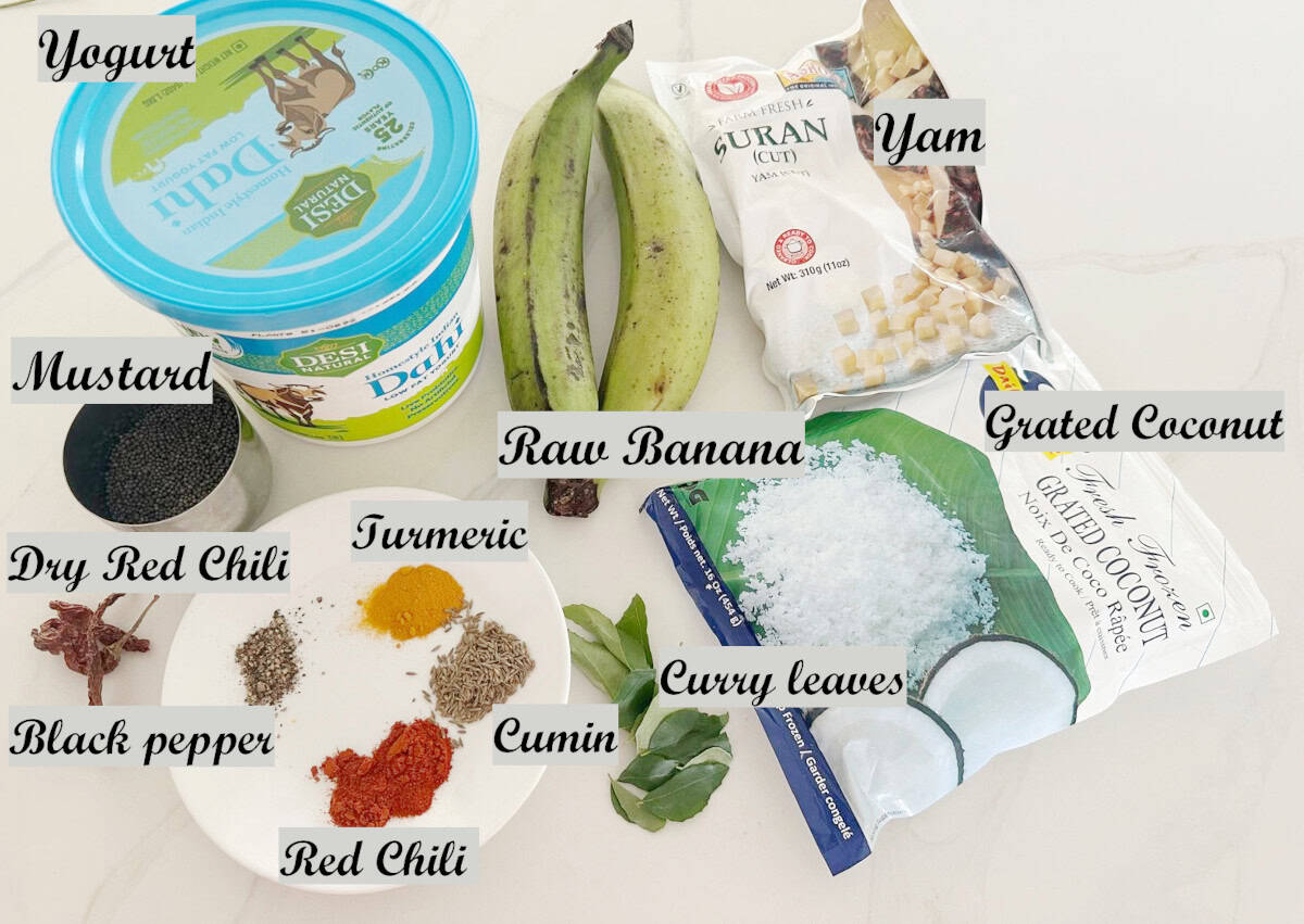 Ingredients to make kaalan displayed on a counter.