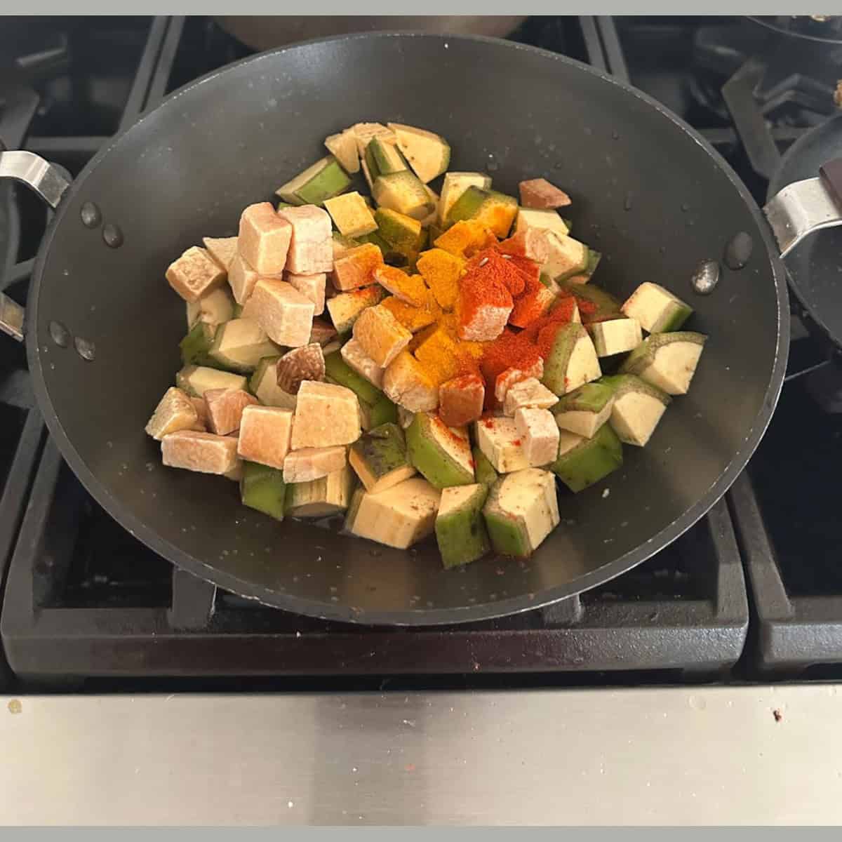 plantain, yam and spices ready to be cooked.