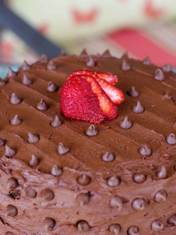 Cake made with The Best Fudgy Chocolate Cake Recipe, frosted with chocolate butter cream and topped with strawberry.