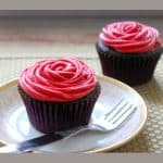 Best Chocolate Cupcakes with pink frosting served in a china plate.