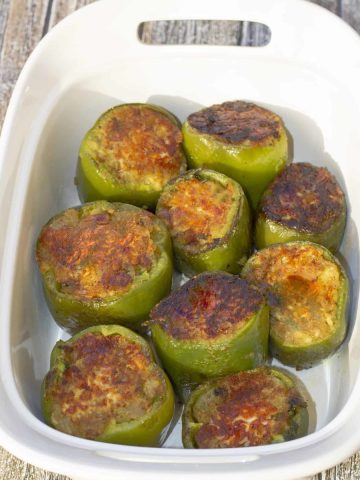 bharwa shimla mirch (Stuffed bell pepper) in a white casserole.