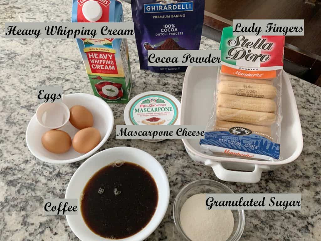 Ingredients to make Tiramisu recipe with eggs.