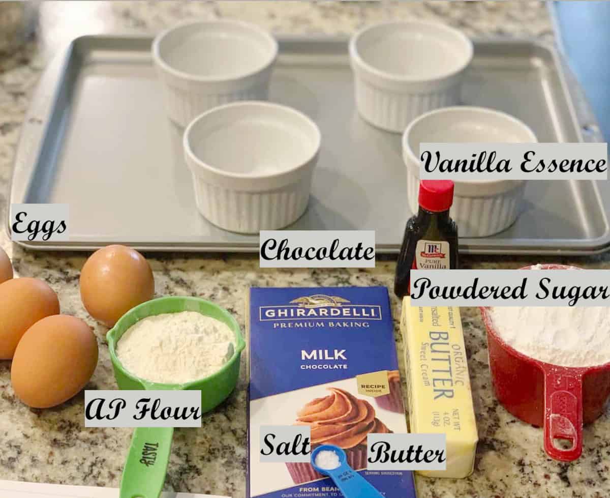 Ingredients to make Hot Choco Lava Cake on a granite counter.