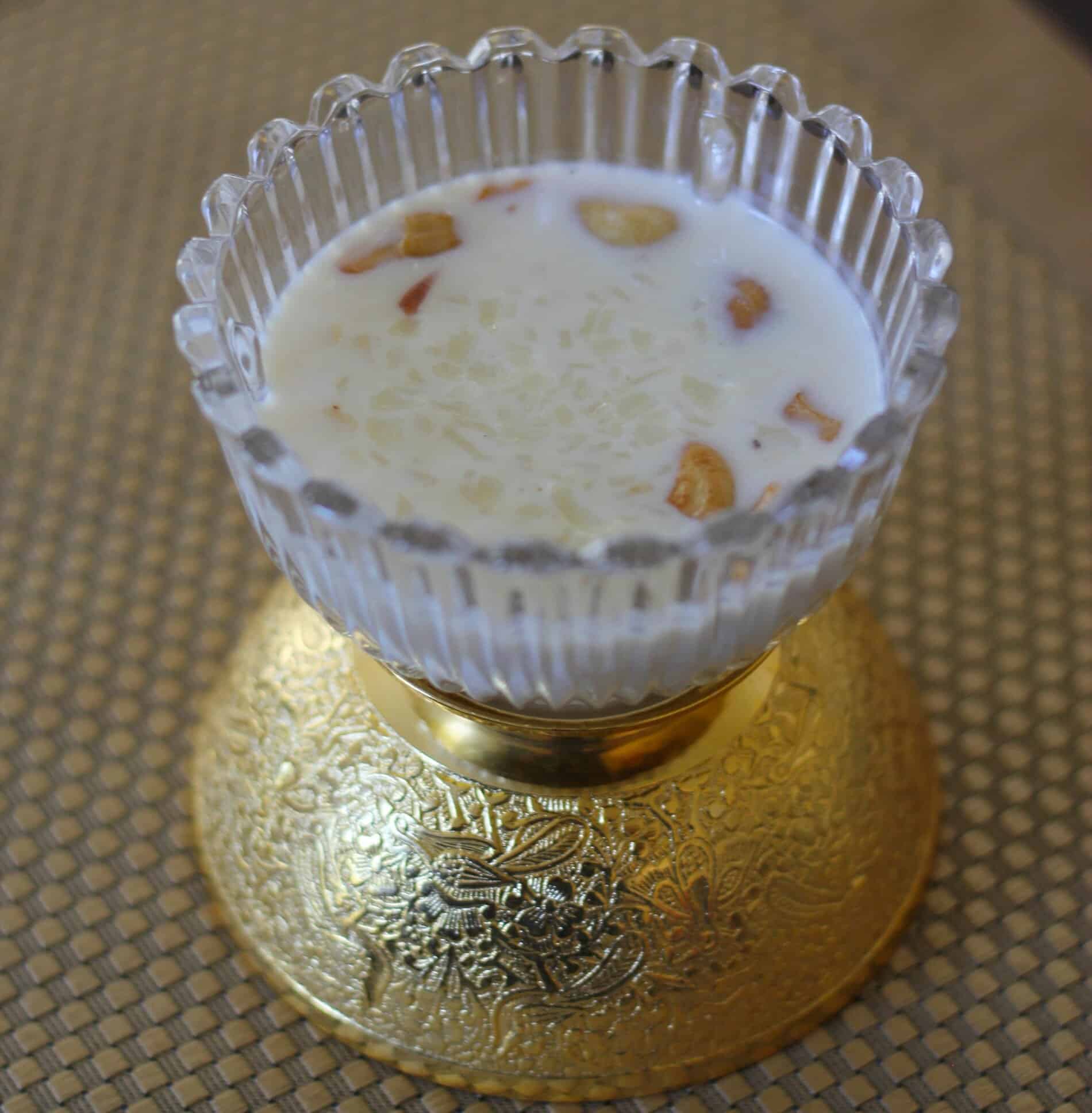 Palada payasam made with palada payasam recipe in a glass dessert bowl.