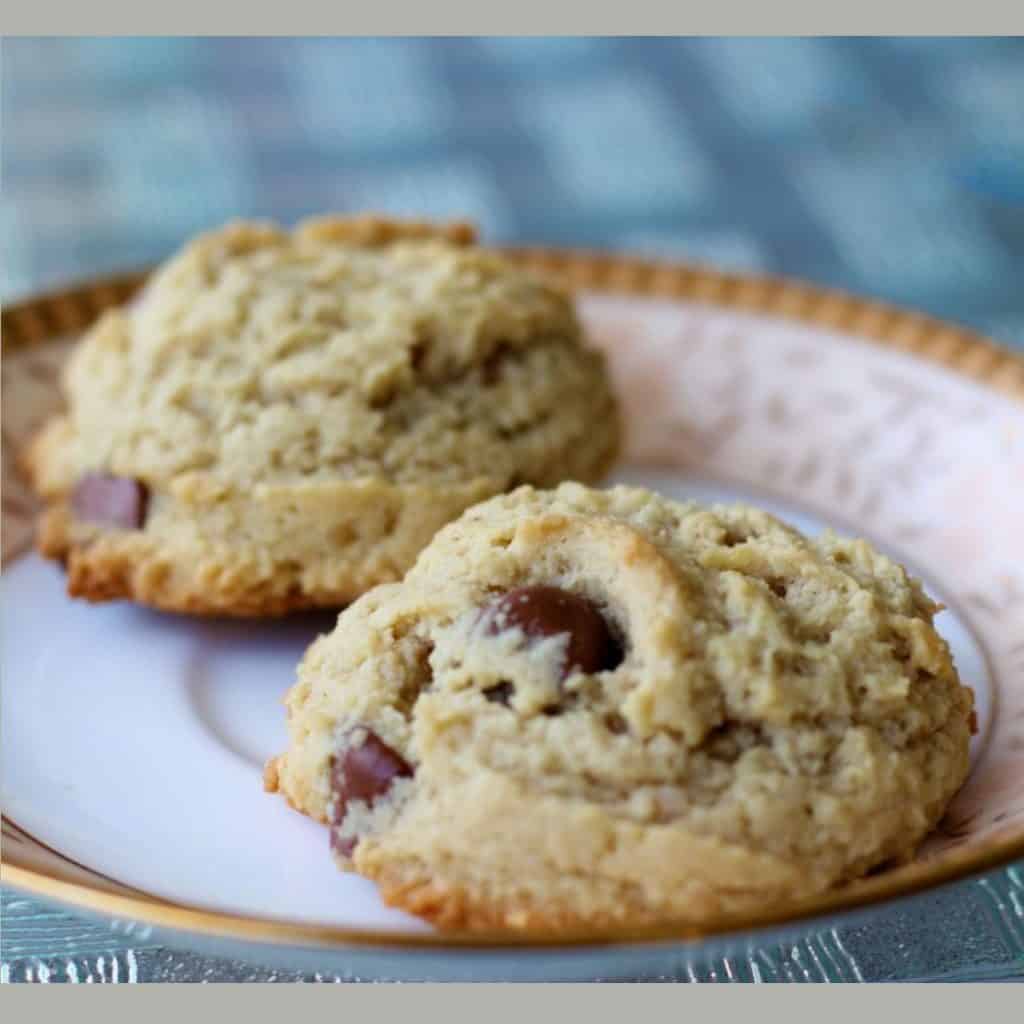 Almond flour chocolate chip cookies served on a dessert plate.