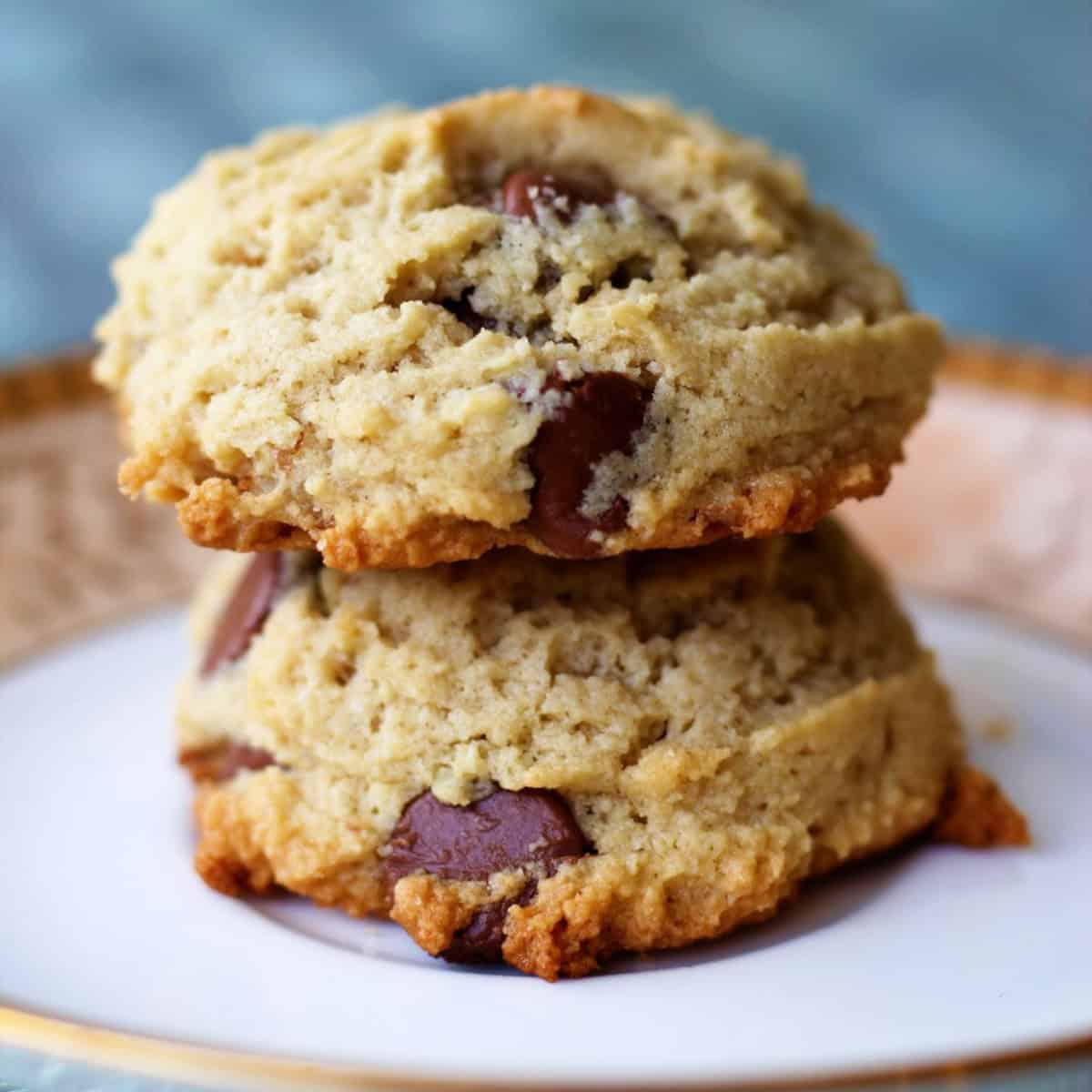 Almond flour chocolate chip cookies served on a white plate.