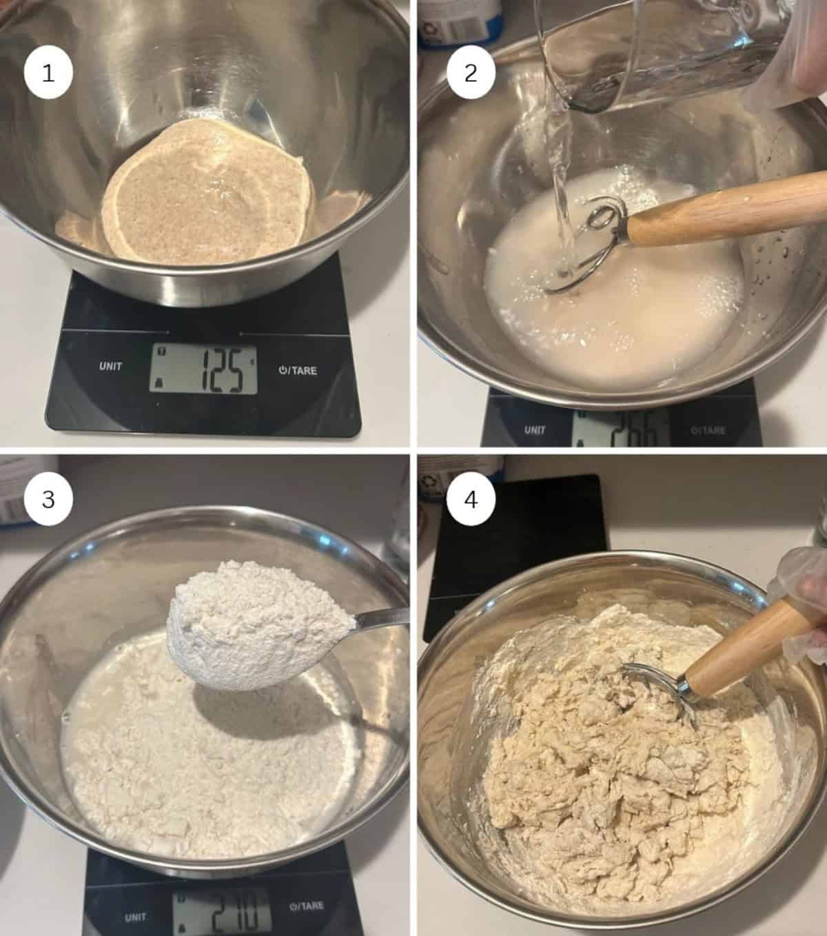 sourdough bread recipe making steps in a collage.